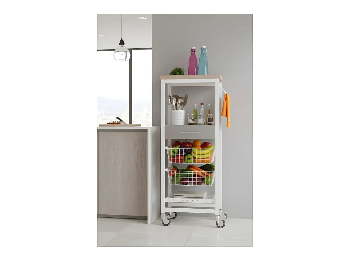 Carro de cocina alto, Carro Verdulero - color Blanco, Inox, Olmo - 123*48,5*34 cm - ONDA ALTO