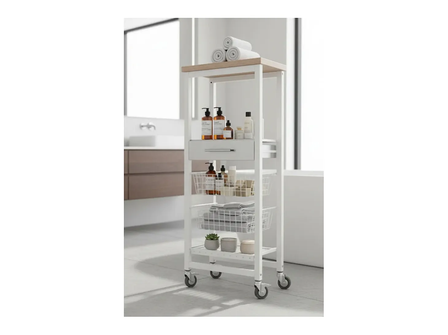 Carro de cocina alto, Carro Verdulero - color Blanco, Inox, Olmo - 123*48,5*34 cm - ONDA ALTO