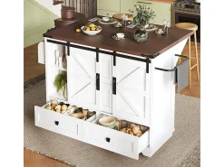 Carro de cocina con mesa plegable; isla de cocina móvil, barra; con tres cajones y dos puertas de armario, blanco