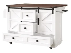 Carro de cocina con mesa plegable; isla de cocina móvil, barra; con tres cajones y dos puertas de armario, blanco