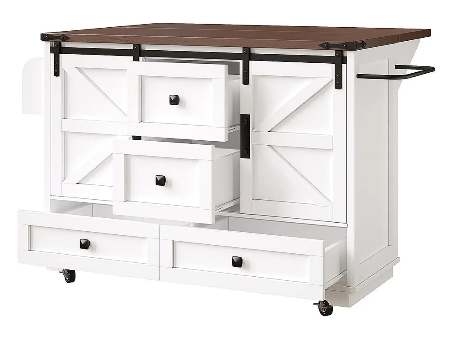 Carro de cocina con mesa plegable; isla de cocina móvil, barra; con tres cajones y dos puertas de armario, blanco