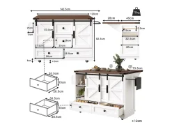 Carro de cocina con mesa plegable; isla de cocina móvil, barra; con tres cajones y dos puertas de armario, blanco