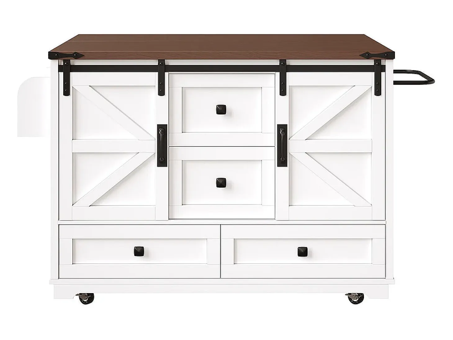 Carro de cocina con mesa plegable; isla de cocina móvil, barra; con tres cajones y dos puertas de armario, blanco