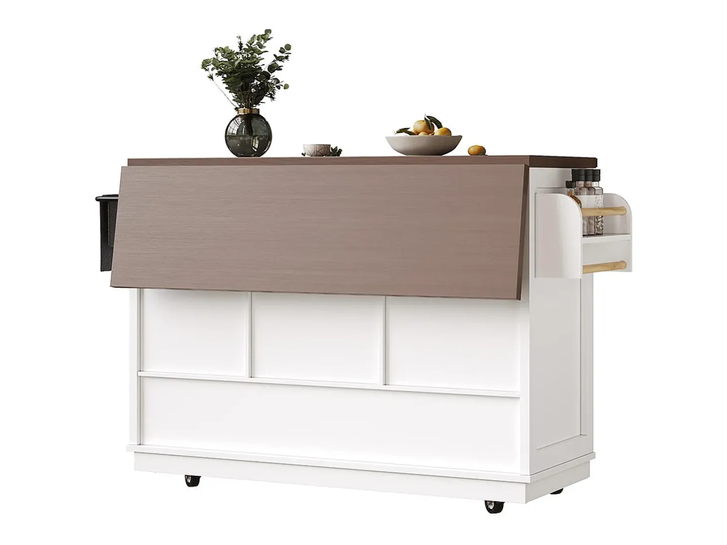Carro de cocina con mesa plegable; isla de cocina móvil, barra; con tres cajones y dos puertas de armario, blanco