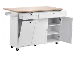 Carro de Cocina SucceBuy con Ruedas, 153 cm de Ancho, Isla Central Móvil con Tapa Abatible, 2 Cajones, para Comedor y Despensa