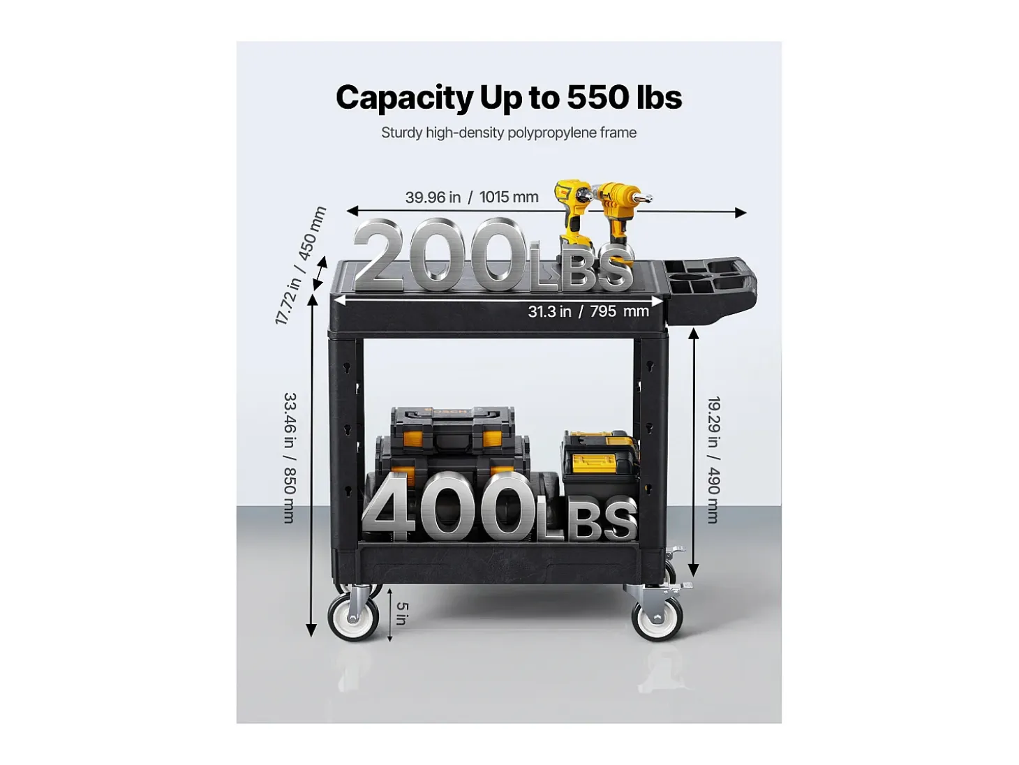 Carro de Servicio SucceBuy Carro Utilitario con Ruedas de Plástico Resistente de 2 Niveles con Ruedas Giratorias de 360° (2 con Frenos), 1015 x 450 x 850 mm