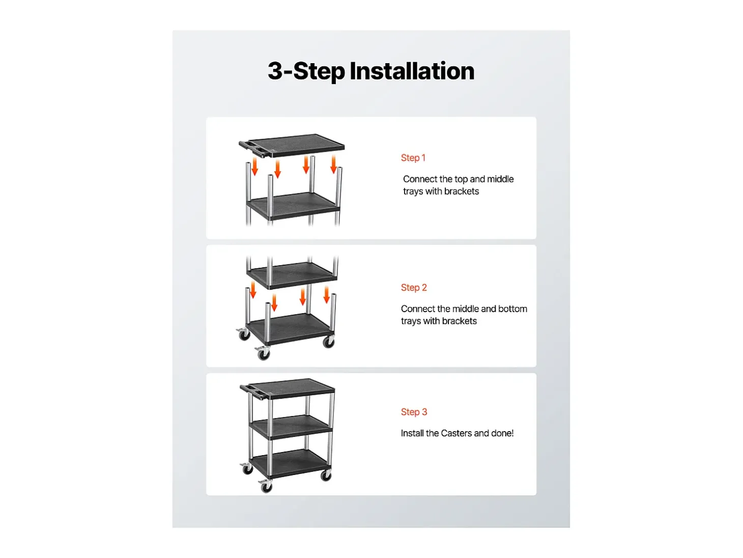 Carro de Servicio SucceBuy Carro Utilitario con Ruedas de Plástico Resistente de 3 Niveles con Ruedas Giratorias de 360° (2 con Frenos), 695 x 460 x 825 mm