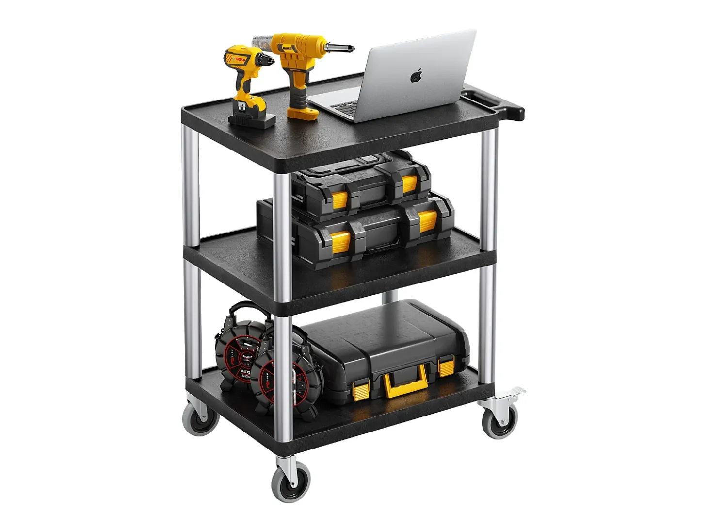 Carro de Servicio SucceBuy Carro Utilitario con Ruedas de Plástico Resistente de 3 Niveles con Ruedas Giratorias de 360° (2 con Frenos), 695 x 460 x 825 mm