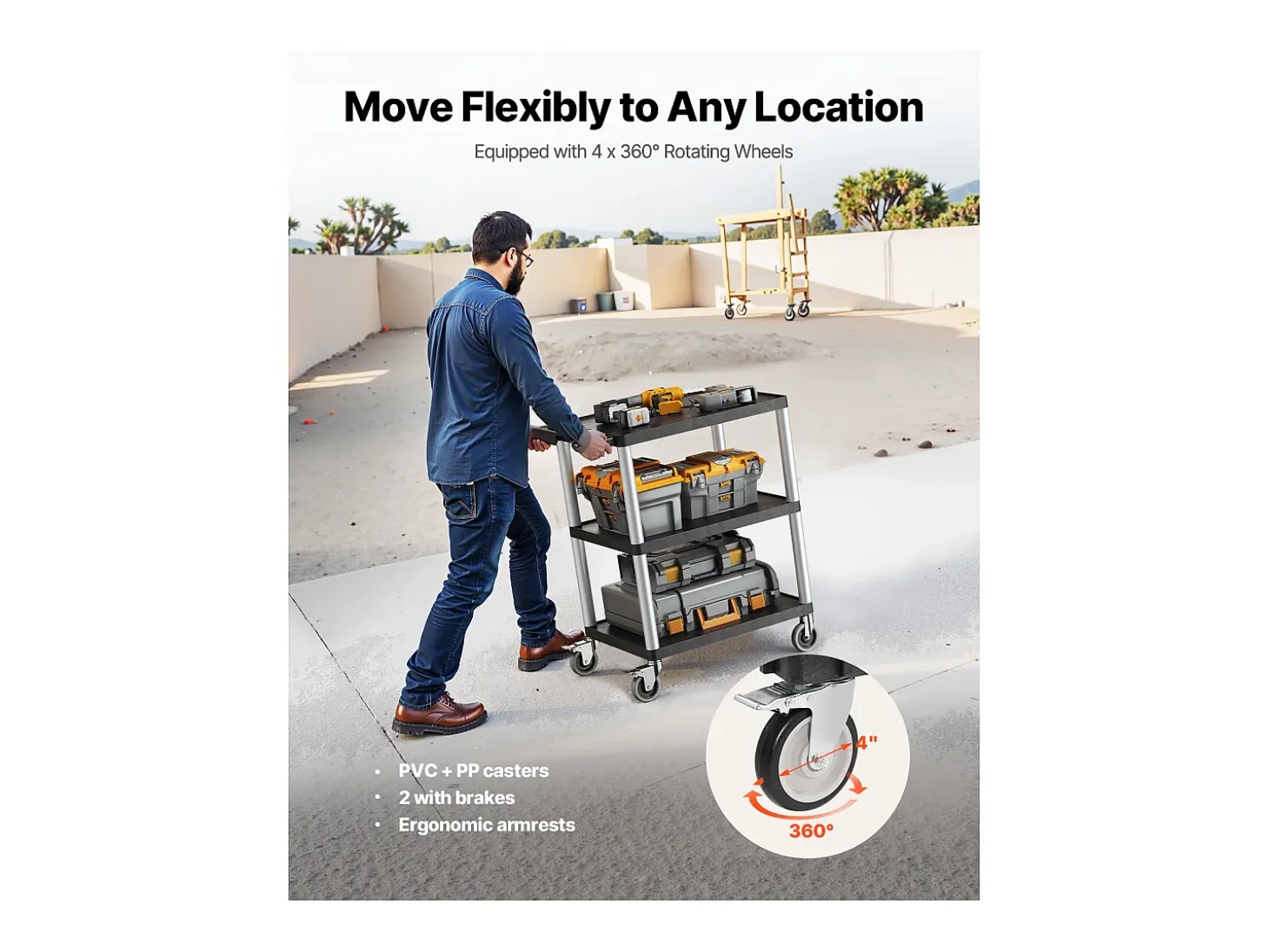 Carro de Servicio SucceBuy Carro Utilitario con Ruedas de Plástico Resistente de 3 Niveles con Ruedas Giratorias de 360° (2 con Frenos), 695 x 460 x 825 mm