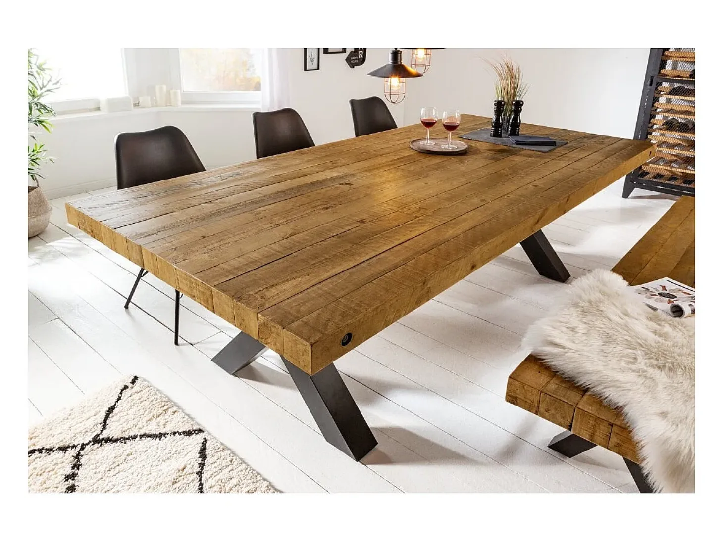 CAVARA – Madera de pino reciclado barnizado y metal negro – 240 cm – Estilo industrial