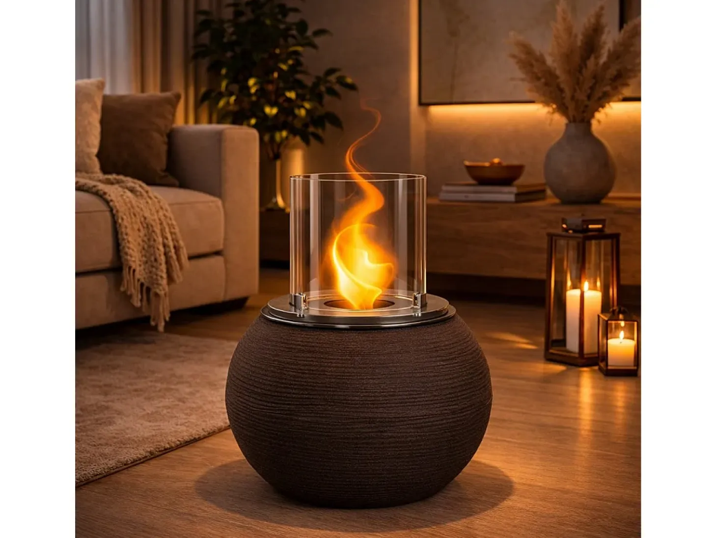 Chimenea de bioetanol, brasero de jardín, de pie, para uso interior y exterior, BOTTICELLI Terra Marrone, d.40 x h.54