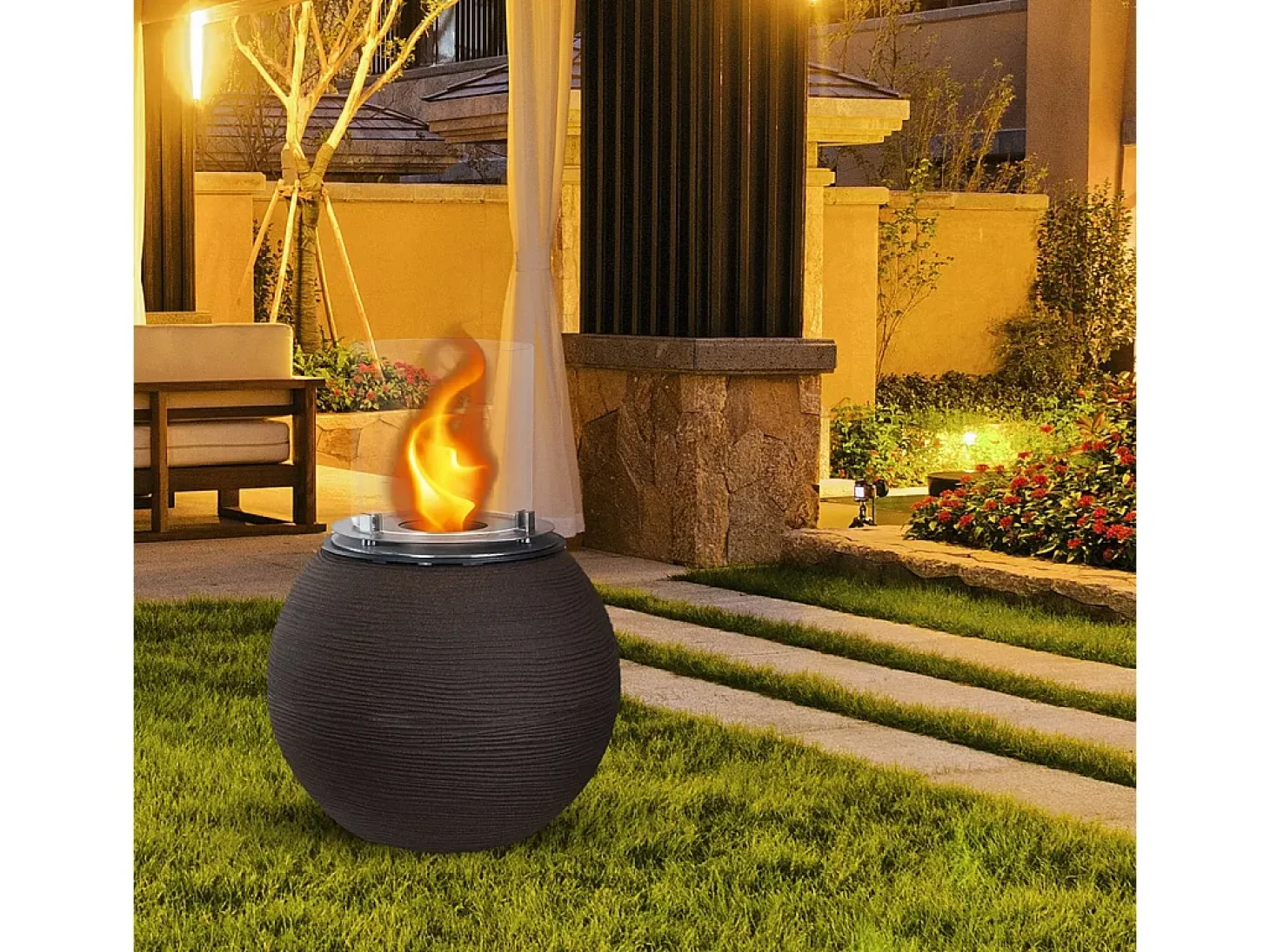 Chimenea de bioetanol, brasero de jardín, de pie, para uso interior y exterior, BOTTICELLI Terra Marrone, d.40 x h.54
