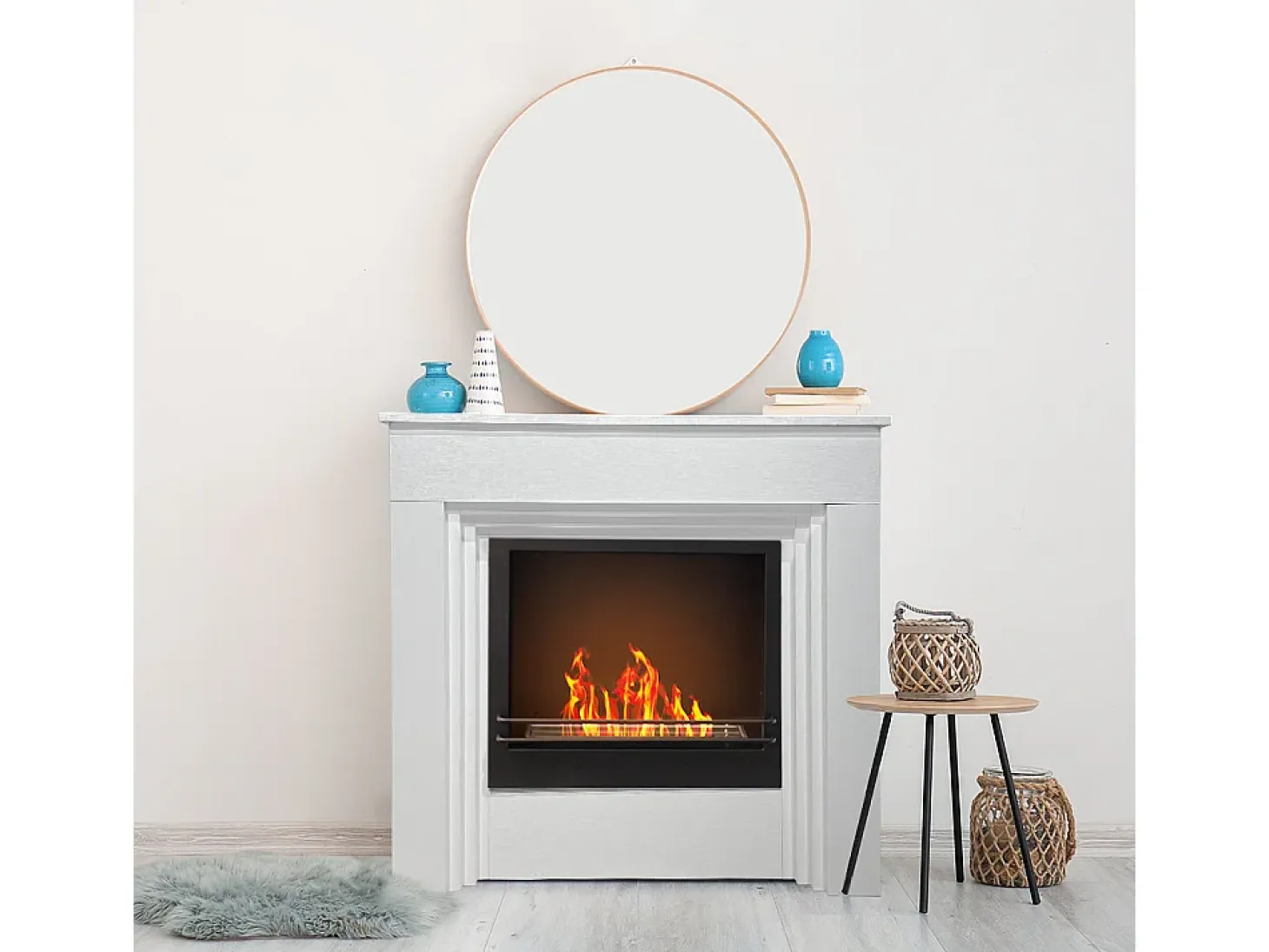 Chimenea de bioetanol de pie BELLINI de madera blanca, fabricada en Italia, L96 x P35 x H96