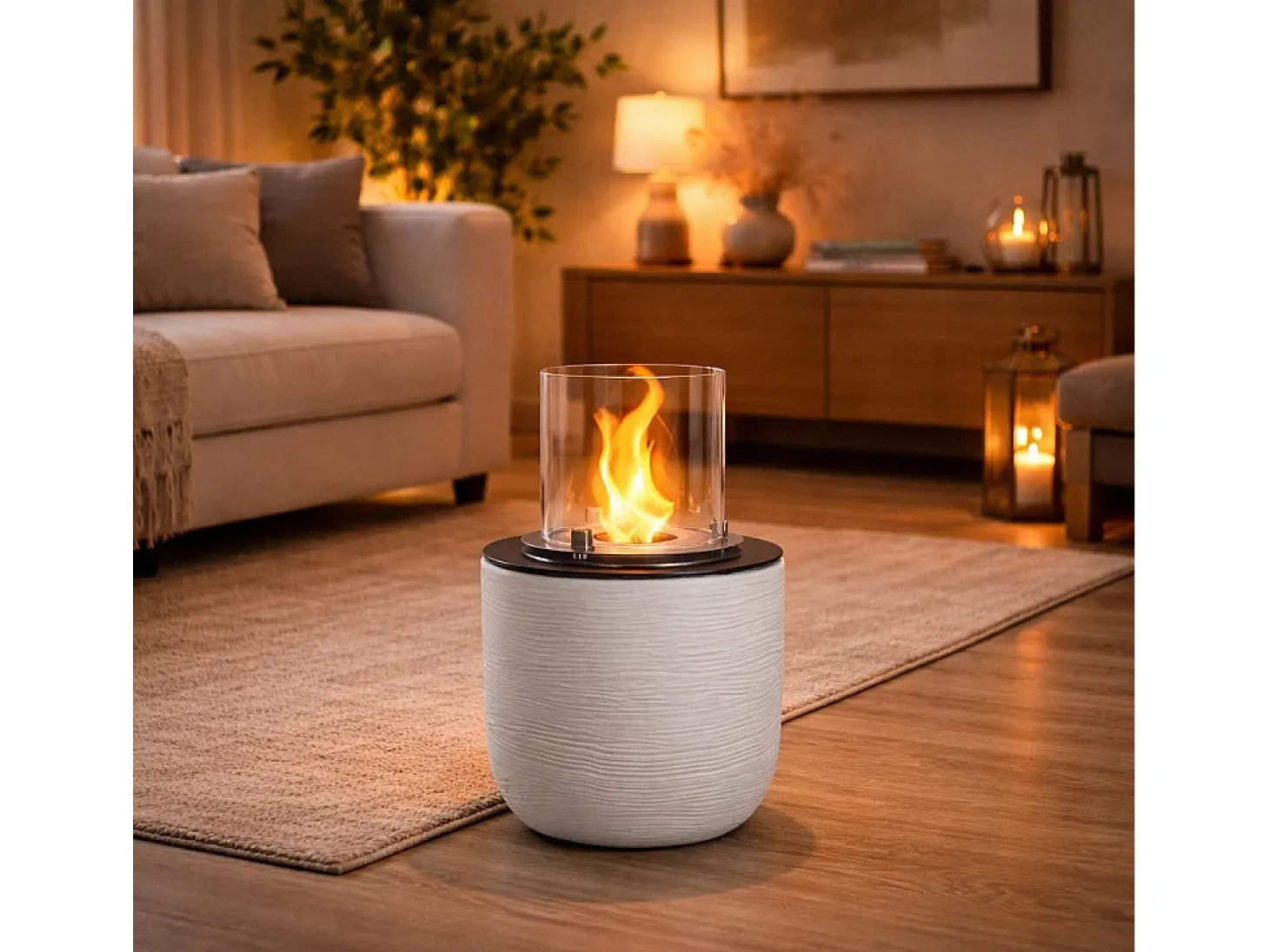 Chimenea de bioetanol RAFFAELLO Pearl White, brasero de pie para interior y exterior, d.35 x h.55