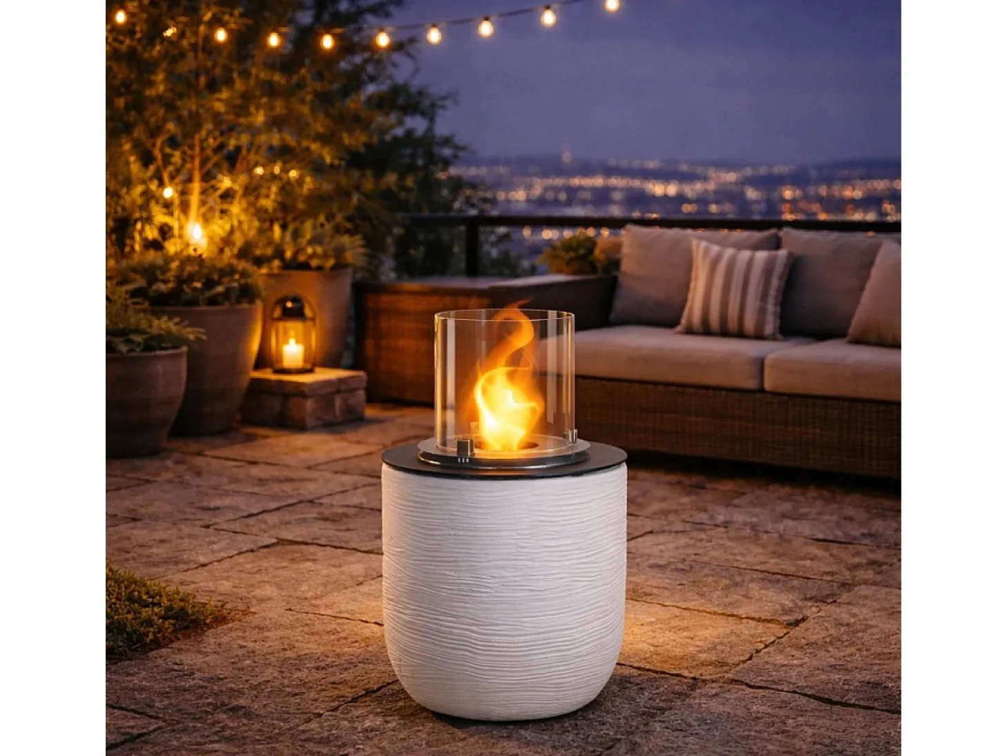 Chimenea de bioetanol RAFFAELLO Pearl White, brasero de pie para interior y exterior, d.35 x h.55