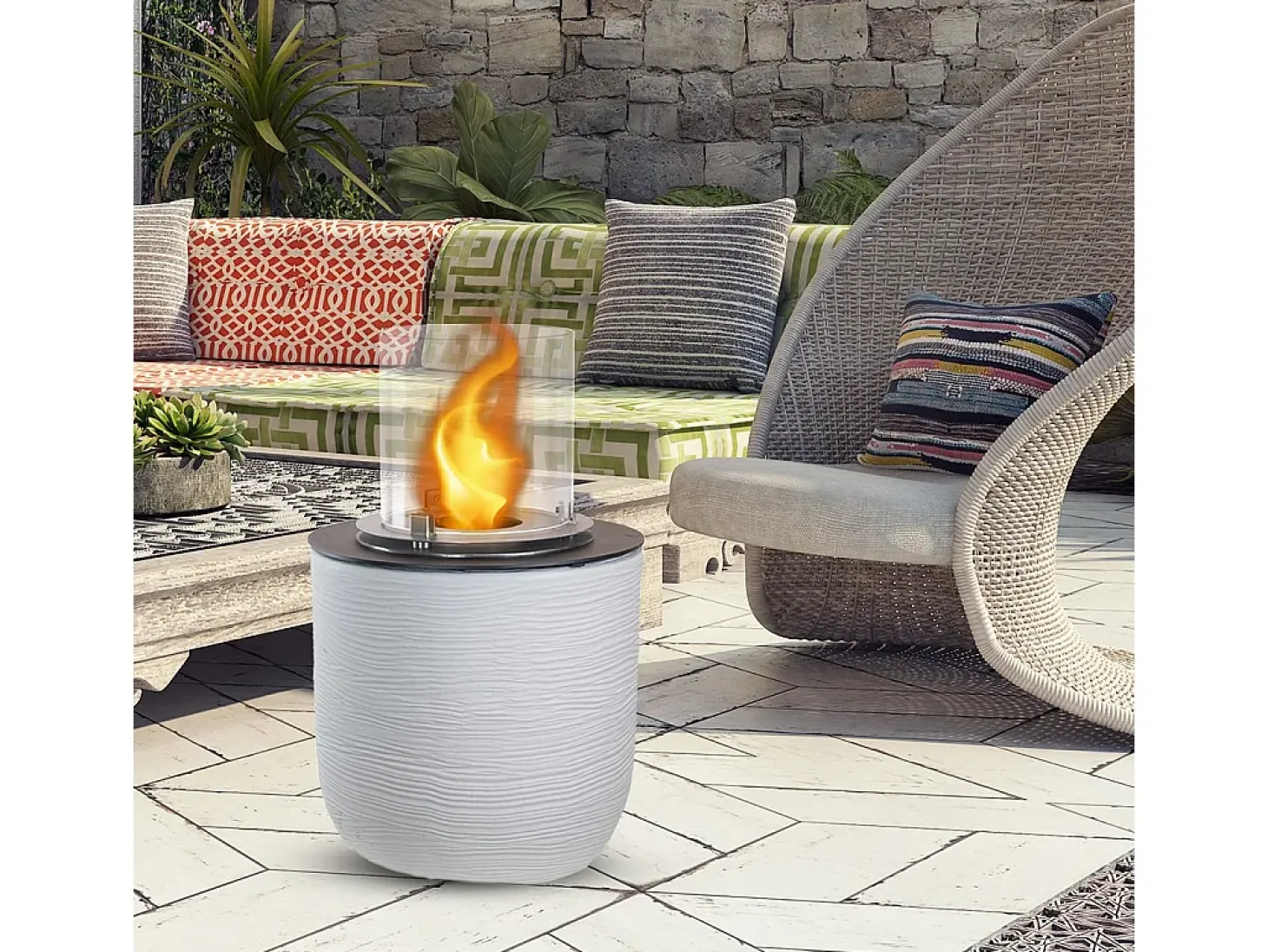 Chimenea de bioetanol RAFFAELLO Pearl White, brasero de pie para interior y exterior, d.35 x h.55