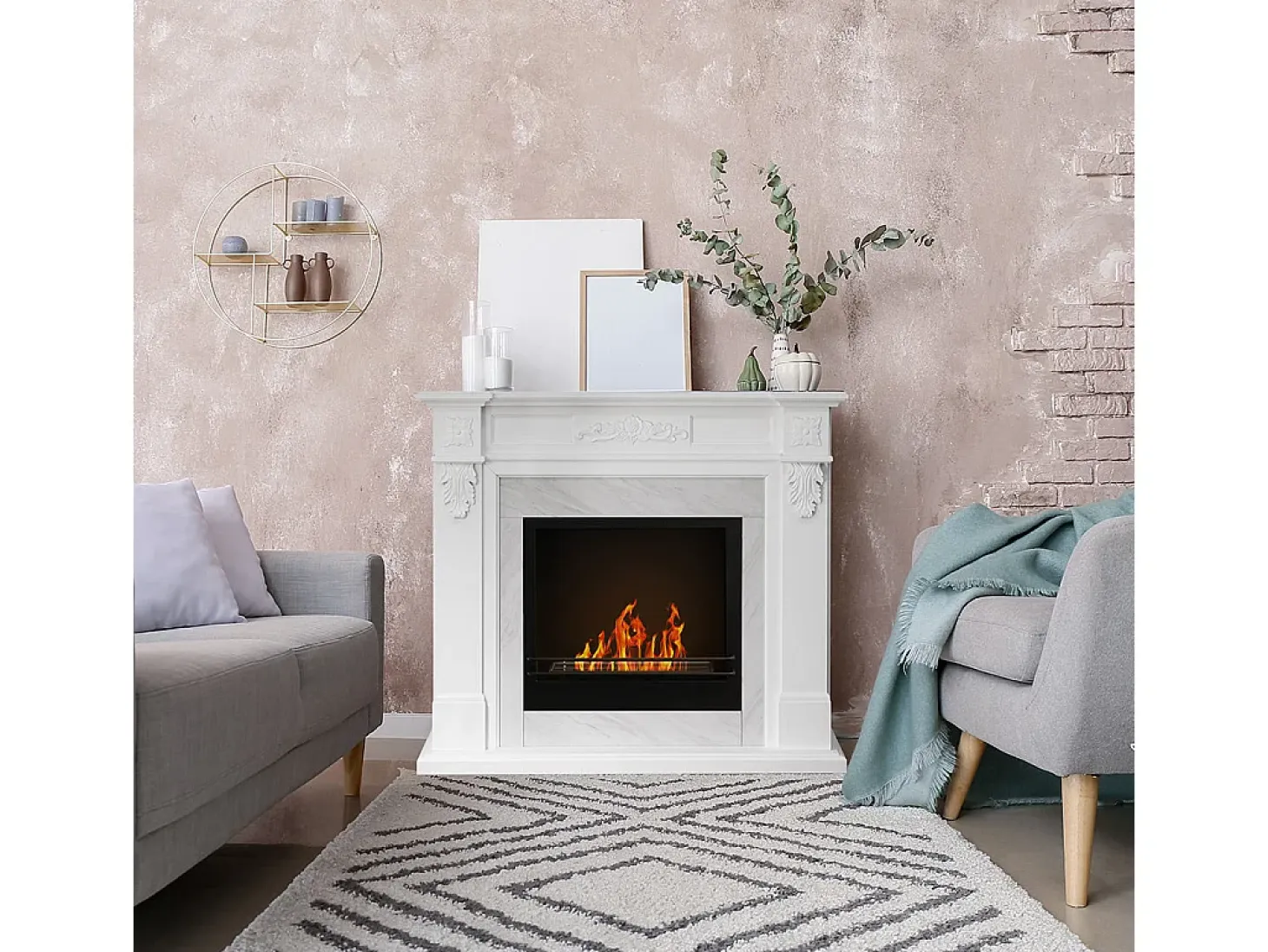 Chimenea de bioetanol TRUMAN, biochimenea de pie, blanca, efecto mármol, L121 x P38 x H108