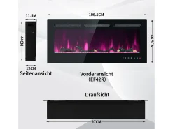 Chimenea eléctrica con 12 colores de llama - De pared o empotrada - Negra 106,5×46,5×12
