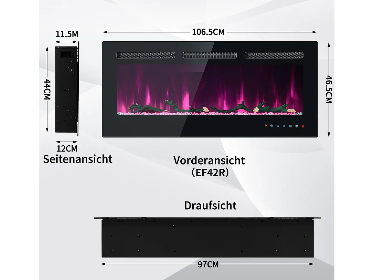 Chimenea eléctrica con 12 colores de llama - De pared o empotrada - Negra 106,5×46,5×12