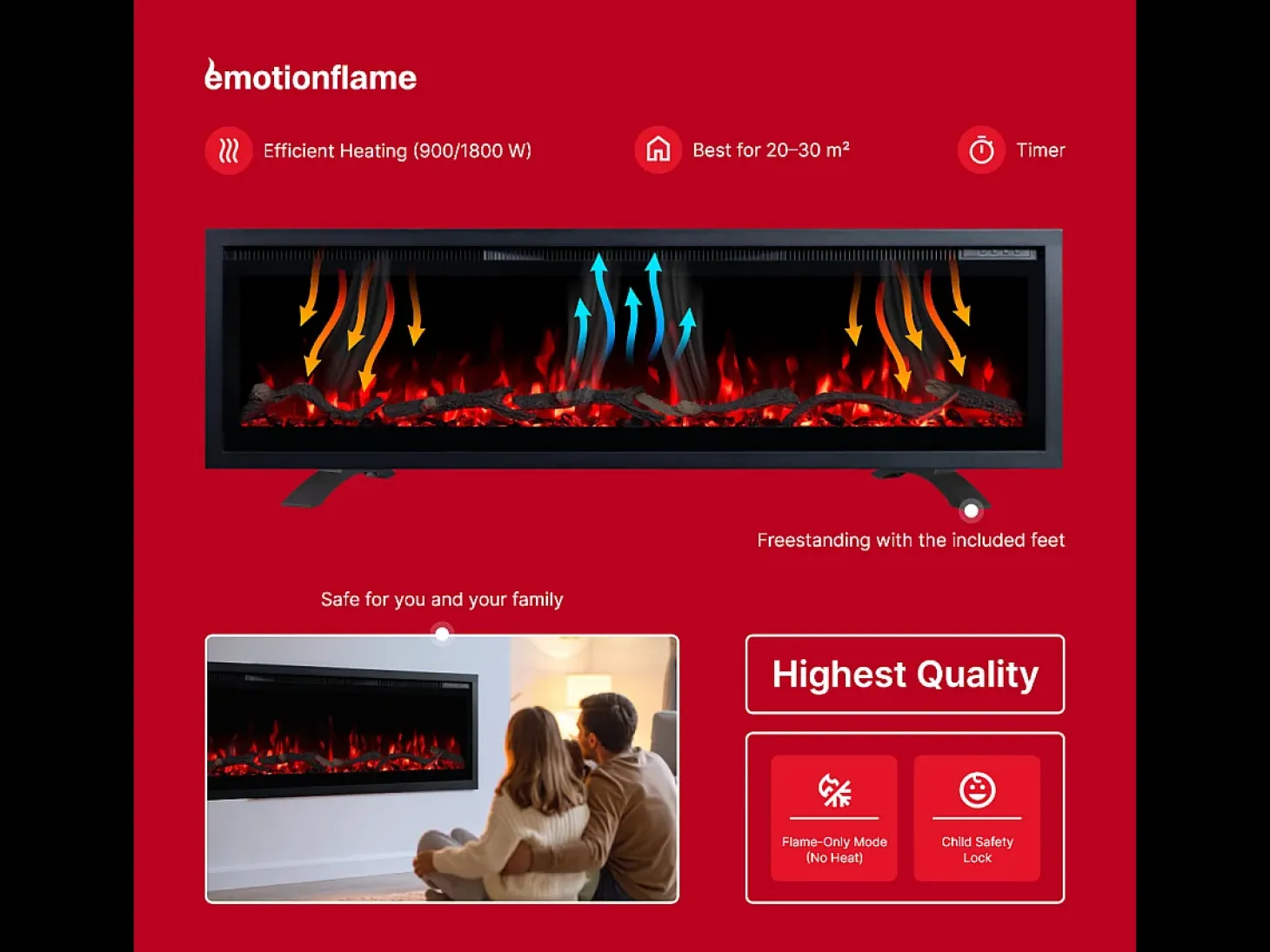 Chimenea eléctrica REGAL 152 - fuego premium - de pared y empotrados - 152x35x12 cm - chimenea LED decorativa con calefacción 900/1800 W