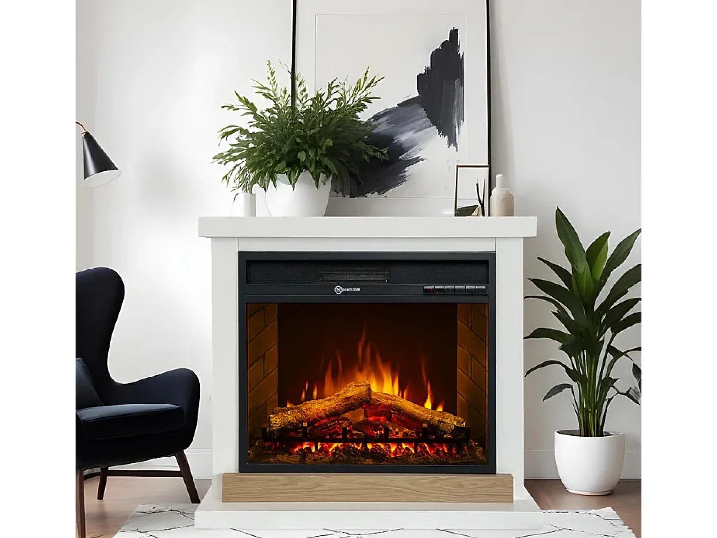 Chimenea eléctrica Stockholm, chimenea de pie, madera blanca, L75xD28xH70 cm