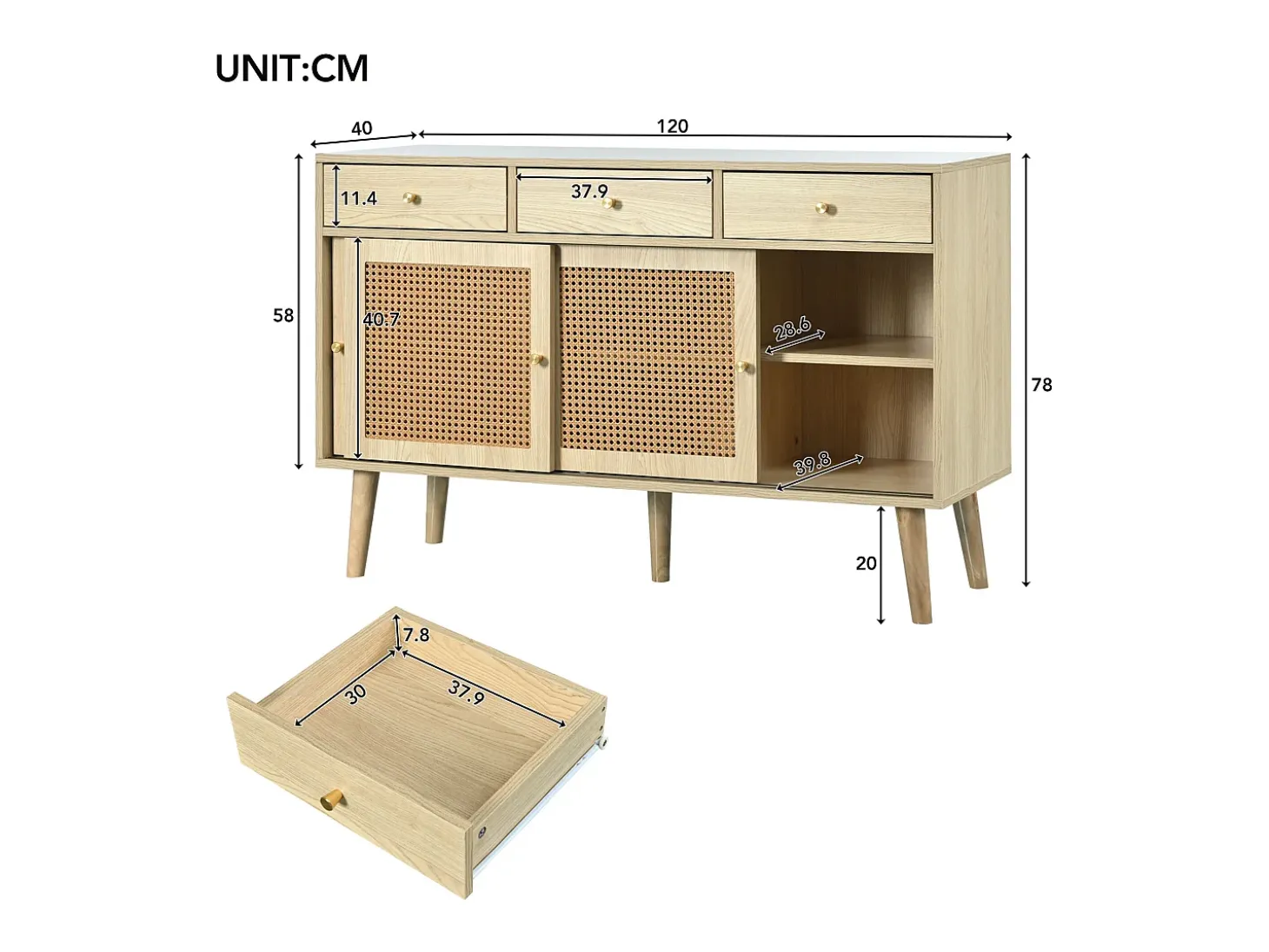 Cómoda aparador alto 120x40x78 cm con 3 puertas correderas y 3 cajones en MDF - Natural Claro