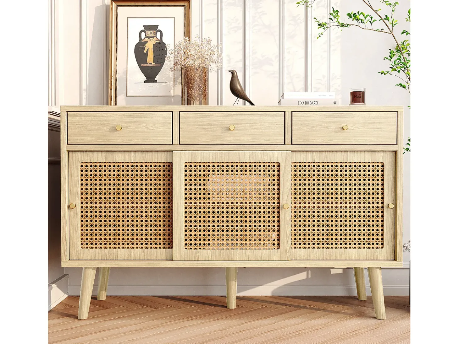 Cómoda aparador alto 120x40x78 cm con 3 puertas correderas y 3 cajones en MDF - Natural Claro