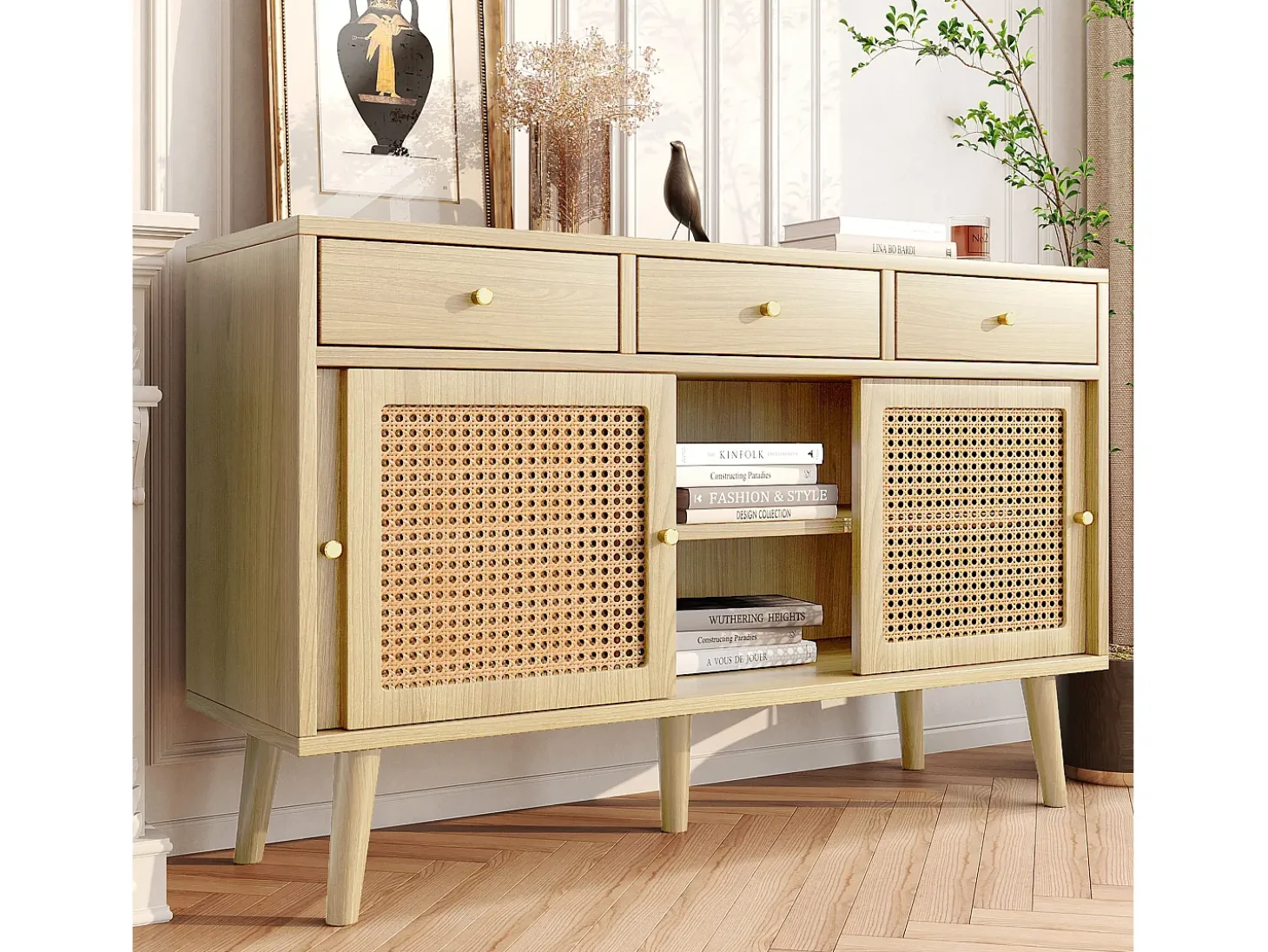 Cómoda aparador alto 120x40x78 cm con 3 puertas correderas y 3 cajones en MDF - Natural Claro