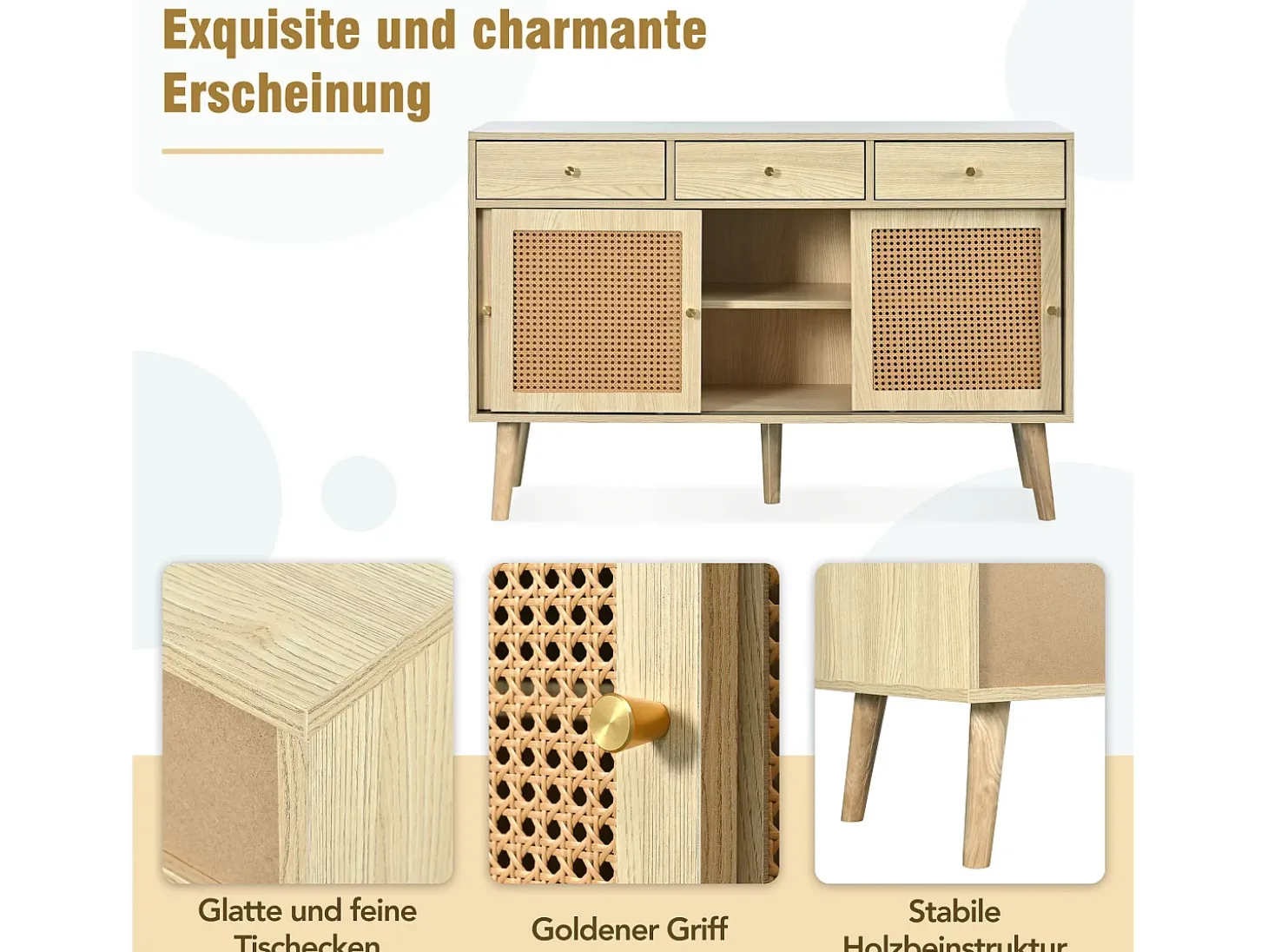 Cómoda aparador alto 120x40x78 cm con 3 puertas correderas y 3 cajones en MDF - Natural Claro