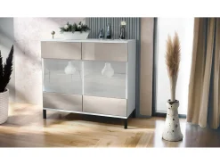 Cómoda Bari V3, Moderno armario de cocina con 2 grandes puertas de cristal blanco mate / gris arena de alto brillo (92,5 x 83.5 x 35)