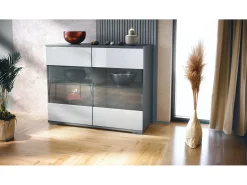 Cómoda Bari V3, Moderno armario de cocina con 2 grandes puertas de cristal antracita mate / blanco de alto brillo (92,5 x 75.5 x 35)