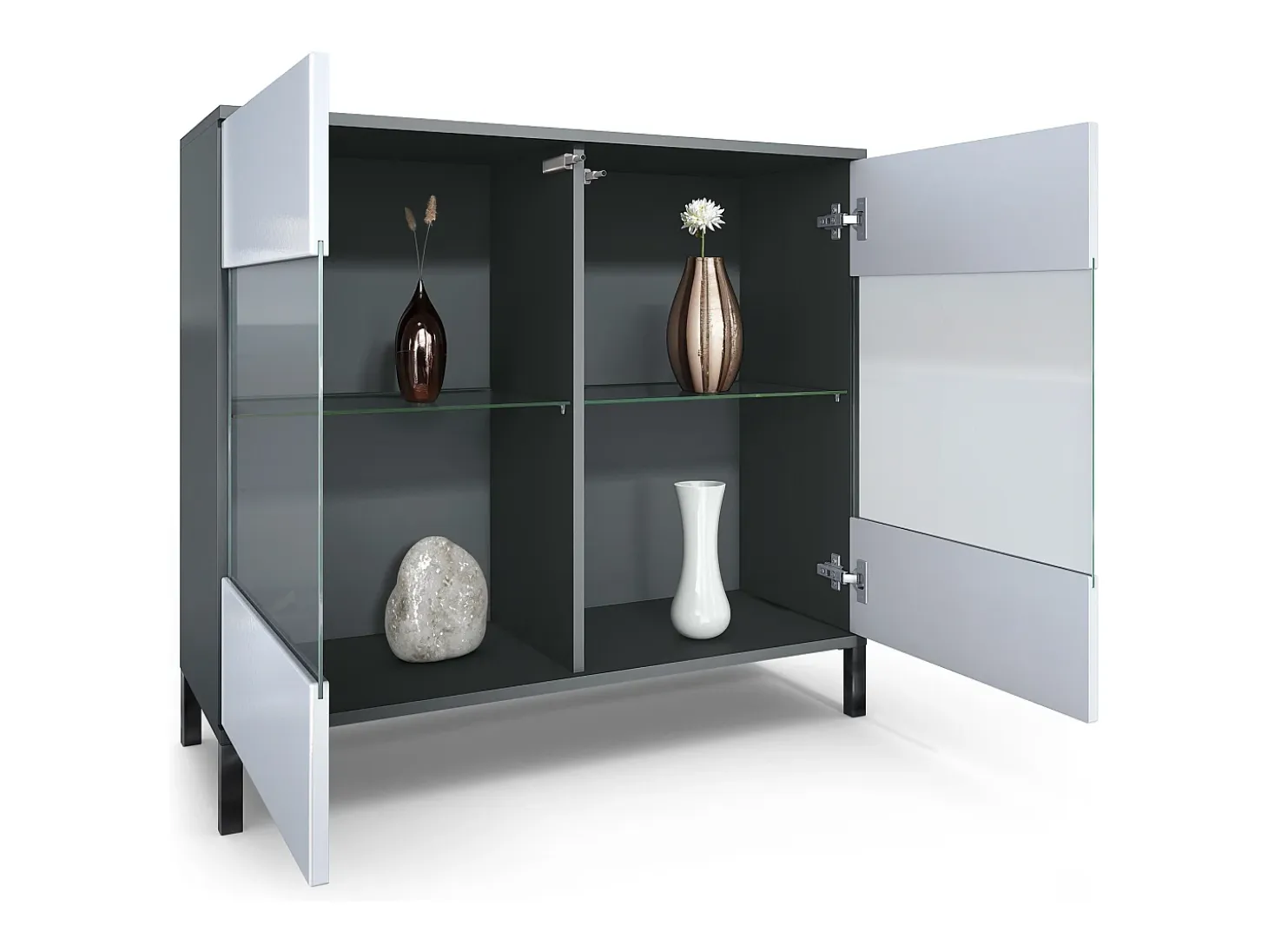 Cómoda Bari V3, Moderno armario de cocina con 2 grandes puertas de cristal antracita mate / gris de alto brillo (92,5 x 83.5 x 35)