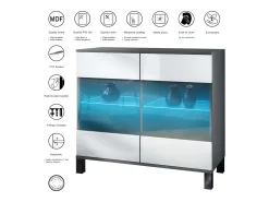 Cómoda Bari V3, Moderno armario de cocina con 2 grandes puertas de cristal incl. iluminación RGB antracita mate / crema de alto brillo (92,5 x 84.5 x 35)