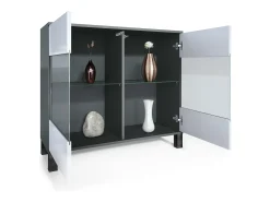 Cómoda Bari V3, Moderno armario de cocina con 2 grandes puertas de cristal incl. iluminación RGB antracita mate / crema de alto brillo (92,5 x 84.5 x 35)