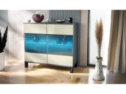 Cómoda Bari V3, Moderno armario de cocina con 2 grandes puertas de cristal incl. iluminación RGB antracita mate / crema de alto brillo (92,5 x 84.5 x 35)