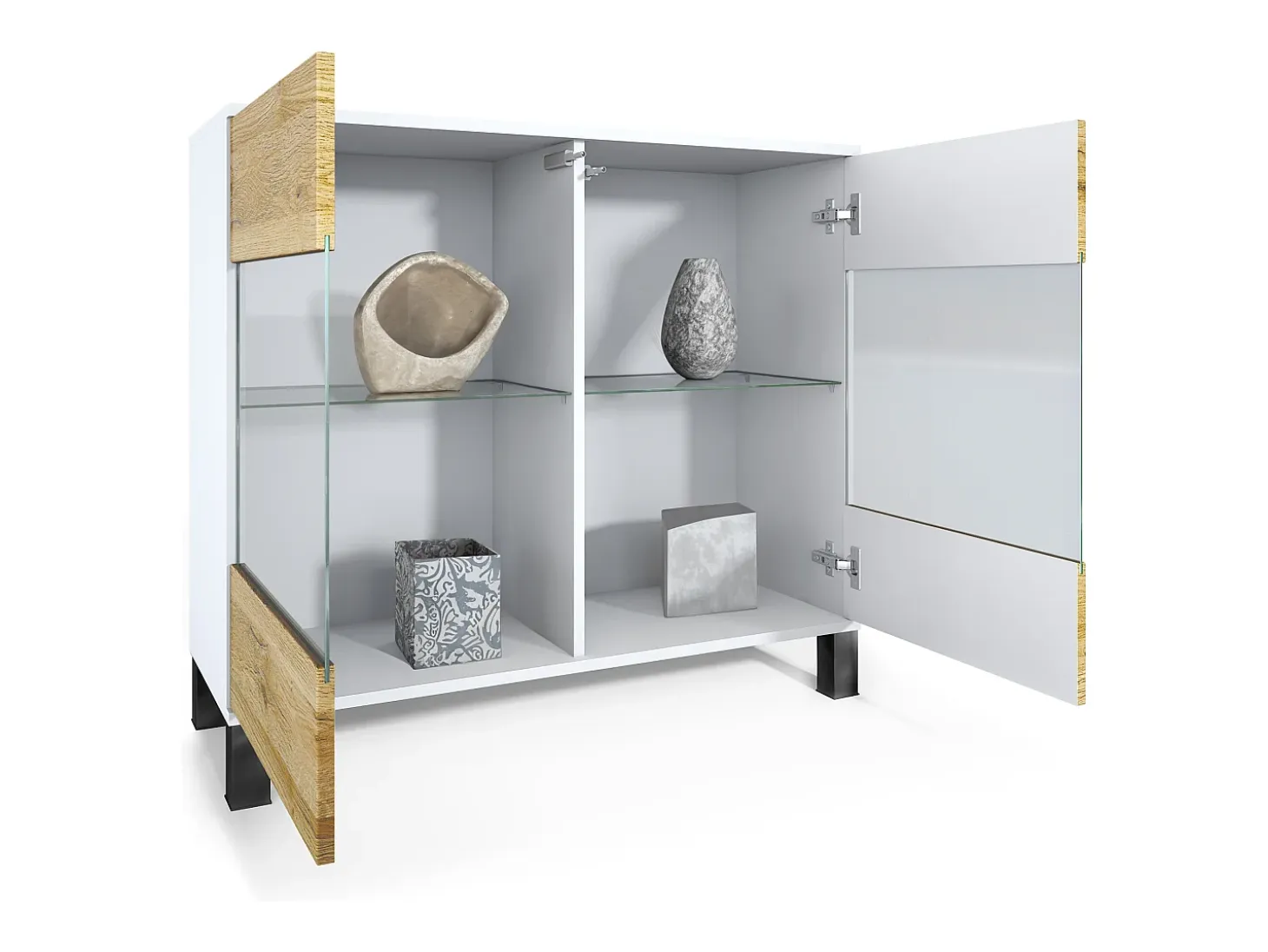 Cómoda Bari V3, Moderno armario de cocina con 2 grandes puertas de cristal incl. iluminación RGB blanco mate / gris arena de alto brillo (92,5 x 84.5 x 35)