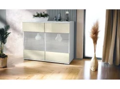Cómoda Bari V3, Moderno armario de cocina con 2 grandes puertas de cristal blanco mate / crema de alto brillo (92,5 x 75.5 x 35)