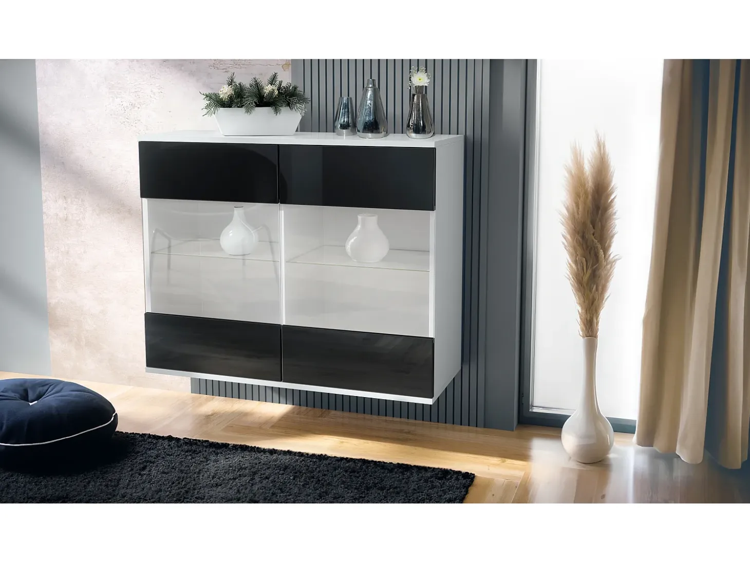 Cómoda Bari V3, Moderno armario de cocina con 2 grandes puertas de cristal blanco mate / negro de alto brillo (92,5 x 73.5 x 35)