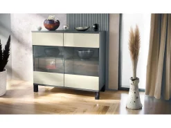 Cómoda Bari V3, Moderno armario de cocina con 2 grandes puertas de cristal antracita mate / crema de alto brillo (92,5 x 84.5 x 35)