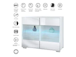 Cómoda Bari V3, Moderno armario de cocina con 2 grandes puertas de cristal incl. iluminación RGB blanco mate / crema de alto brillo (92,5 x 75.5 x 35)
