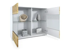 Cómoda Bari V3, Moderno armario de cocina con 2 grandes puertas de cristal blanco mate / burdeos de alto brillo (92,5 x 75.5 x 35)