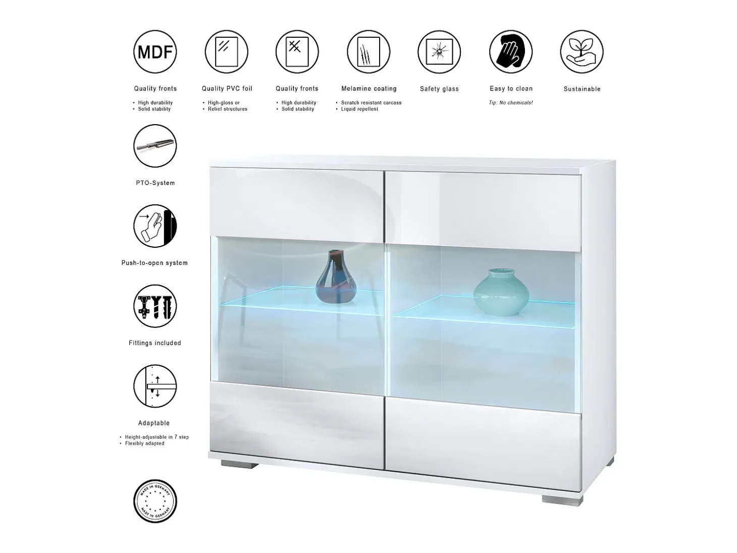 Cómoda Bari V3, Moderno armario de cocina con 2 grandes puertas de cristal incl. iluminación RGB blanco mate / gris de alto brillo (92,5 x 75.5 x 35)