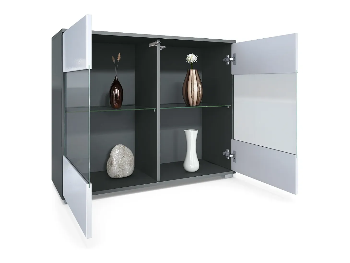 Cómoda Bari V3, Moderno armario de cocina con 2 grandes puertas de cristal antracita mate / burdeos de alto brillo (92,5 x 75.5 x 35)