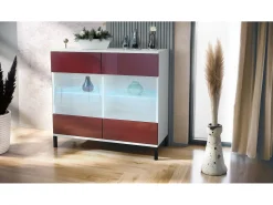 Cómoda Bari V3, Moderno armario de cocina con 2 grandes puertas de cristal incl. iluminación RGB blanco mate / burdeos de alto brillo (92,5 x 83.5 x 35)