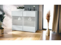 Cómoda Bari V3, Moderno armario de cocina con 2 grandes puertas de cristal blanco mate / blanco de alto brillo (92,5 x 75.5 x 35)