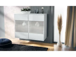 Cómoda Bari V3, Moderno armario de cocina con 2 grandes puertas de cristal blanco mate / blanco de alto brillo (92,5 x 73.5 x 35)