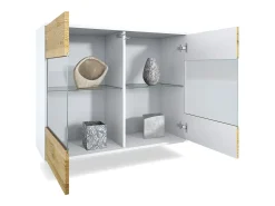Cómoda Bari V3, Moderno armario de cocina con 2 grandes puertas de cristal blanco mate / blanco de alto brillo (92,5 x 73.5 x 35)
