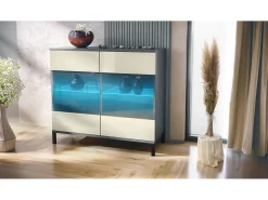 Cómoda Bari V3, Moderno armario de cocina con 2 grandes puertas de cristal incl. iluminación RGB antracita mate / crema de alto brillo (92,5 x 83.5 x 35)
