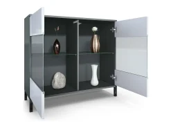 Cómoda Bari V3, Moderno armario de cocina con 2 grandes puertas de cristal incl. iluminación RGB antracita mate / crema de alto brillo (92,5 x 83.5 x 35)