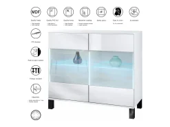 Cómoda Bari V3, Moderno armario de cocina con 2 grandes puertas de cristal incl. iluminación RGB blanco mate / blanco de alto brillo (92,5 x 84.5 x 35)